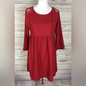 Umgee Red 3/4 Sleeve Round Neck Lace Detail Babydoll Dress